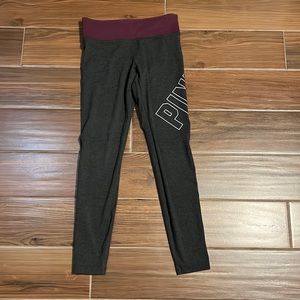 Pink yoga leggings with maroon waistband